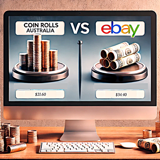 Coin Rolls Australia vs eBay displayed on a computer monitor
